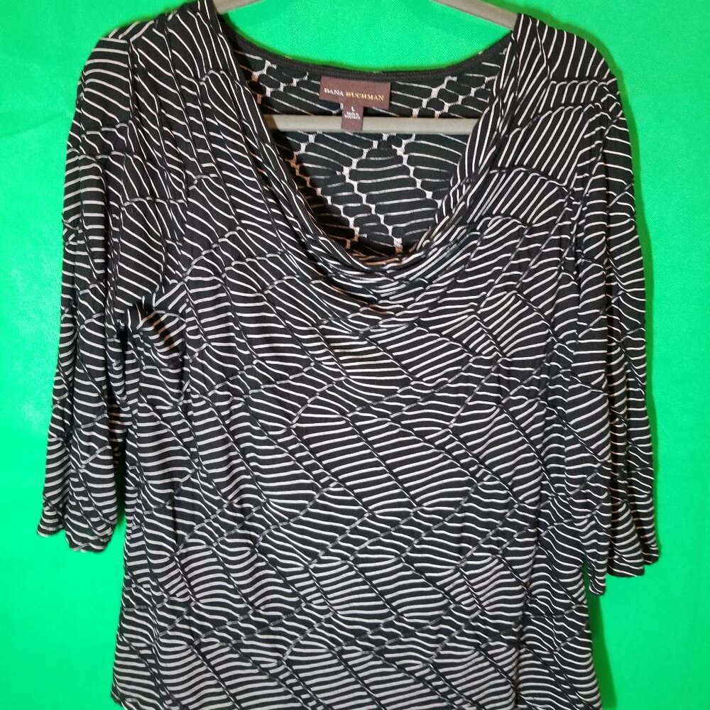 Dana Buchman Women Zig Zag Stripe 3/4 Sleeve Cowl Neck Blouse Black White Size L